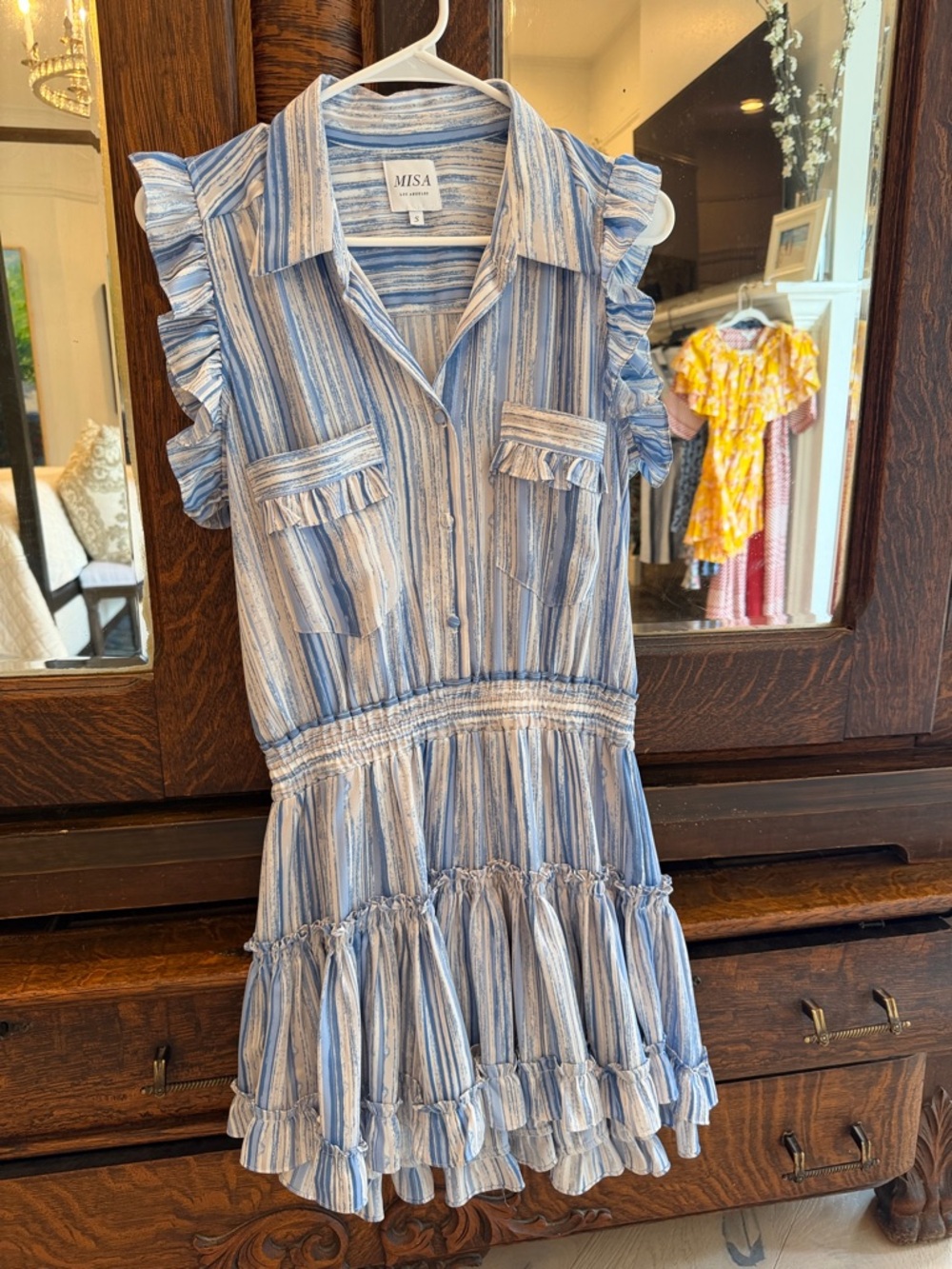 Misa Los Angeles Blue and White Striped Ruffle Tiered Mini Dress